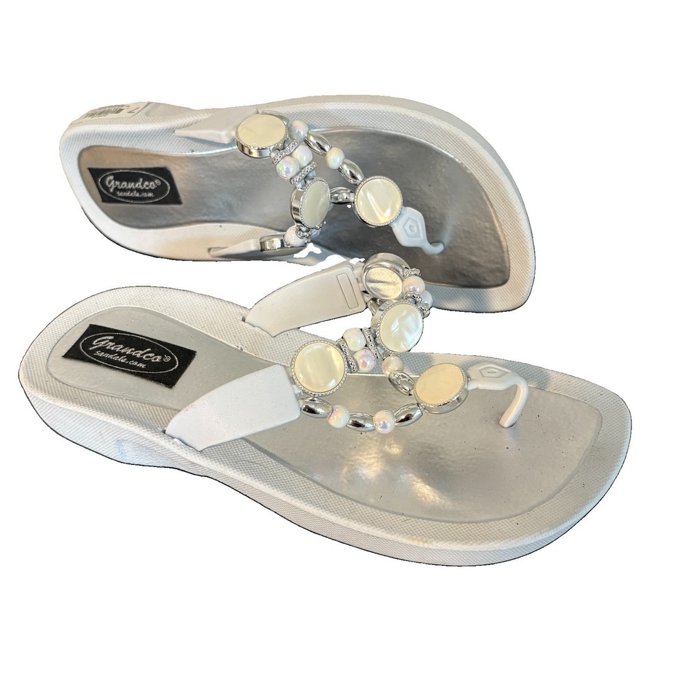 GRANDCO Sandals RHINESTONE GEMSTONE THONG WHITE FLIPFLOPS WOMENS 7